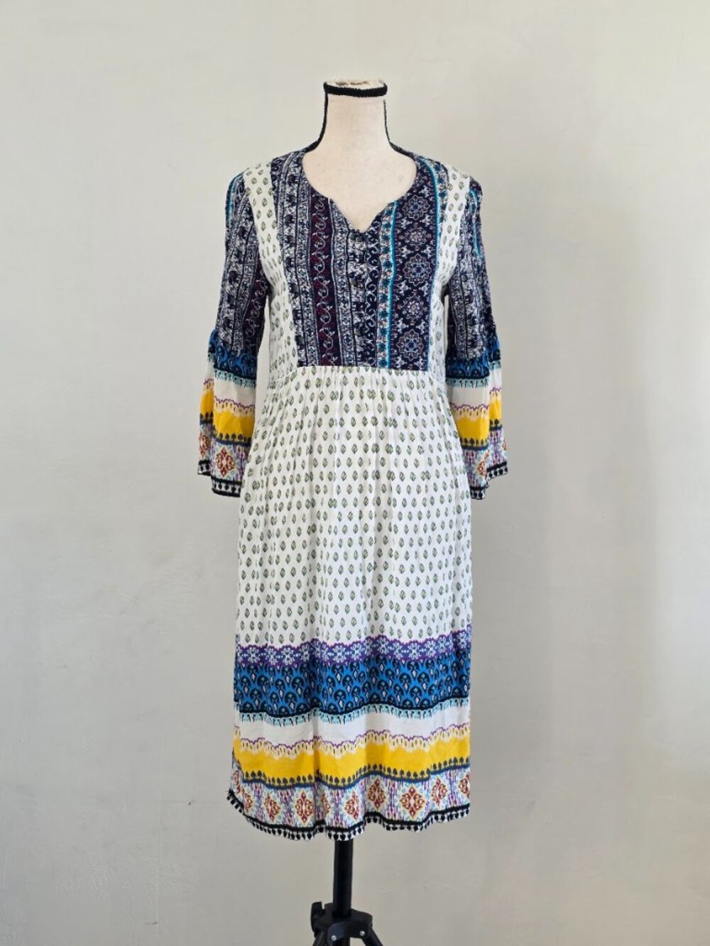 Reborn J Mixed Print Boho Midi Dress 3/4 Bell Sleeve Cream Blue Yellow Size S